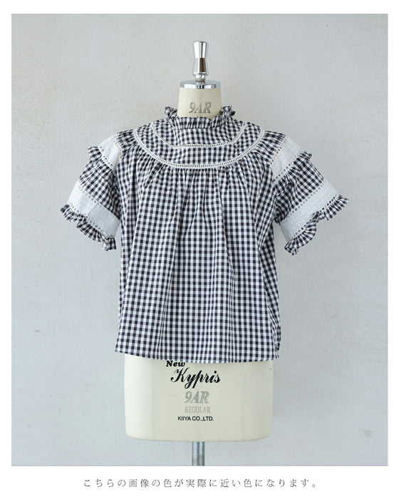 刺繍ラインのふんわり袖ギンガムチェックブラウストップス