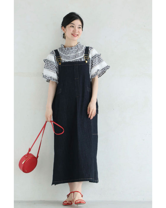 刺繍ラインのふんわり袖ギンガムチェックブラウストップス