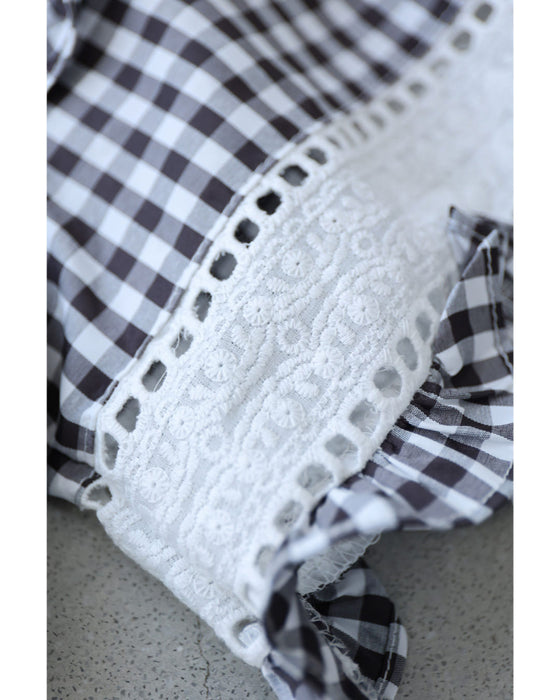 刺繍ラインのふんわり袖ギンガムチェックブラウストップス