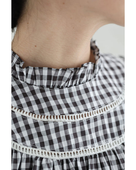 刺繍ラインのふんわり袖ギンガムチェックブラウストップス