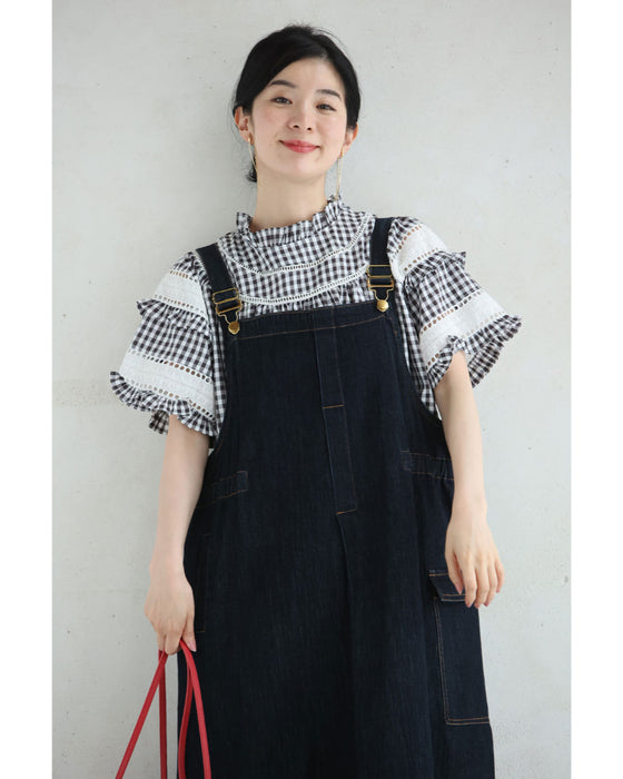 刺繍ラインのふんわり袖ギンガムチェックブラウストップス
