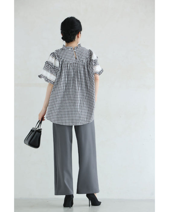 刺繍ラインのふんわり袖ギンガムチェックブラウストップス