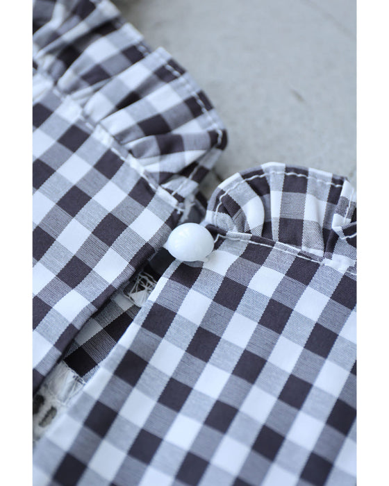 刺繍ラインのふんわり袖ギンガムチェックブラウストップス