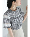刺繍ラインのふんわり袖ギンガムチェックブラウストップス