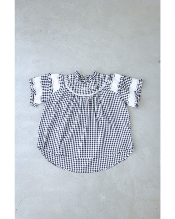 刺繍ラインのふんわり袖ギンガムチェックブラウストップス