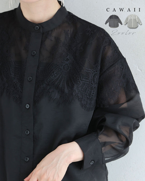 淡いレースを重ねたシアーシャツトップス