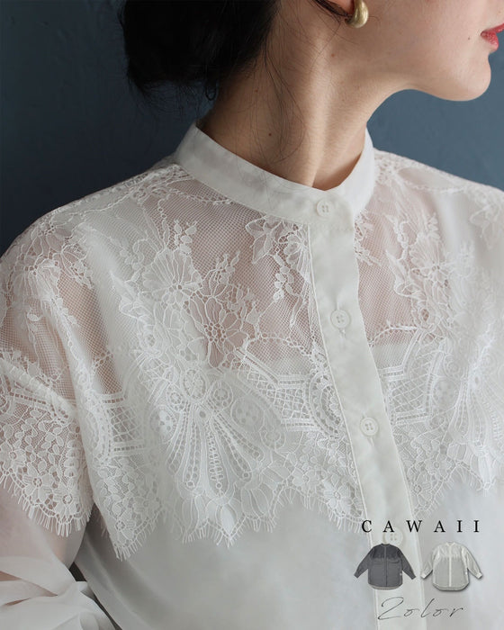 淡いレースを重ねたシアーシャツトップス
