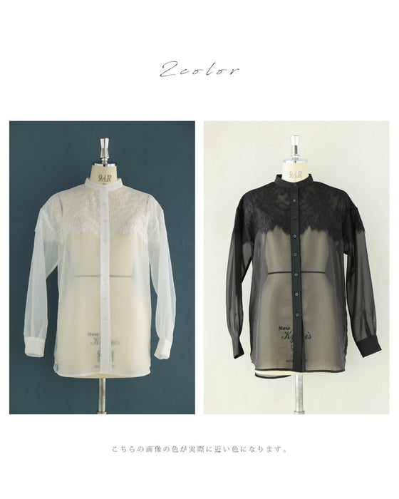 淡いレースを重ねたシアーシャツトップス