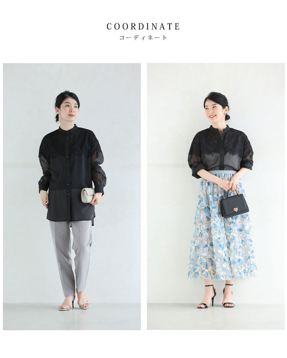 淡いレースを重ねたシアーシャツトップス