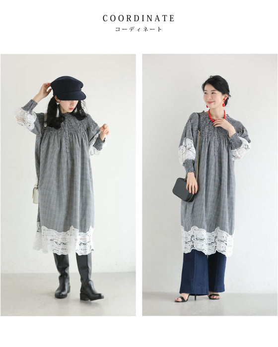 足元で揺れるレースのギンガムチェックミディアムワンピース