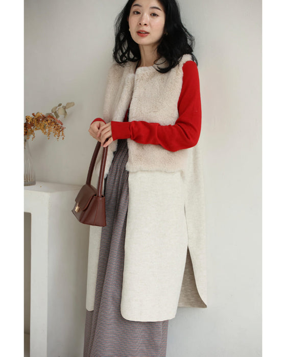 手触りふわふわファーのミルクティーカラーロングジレ