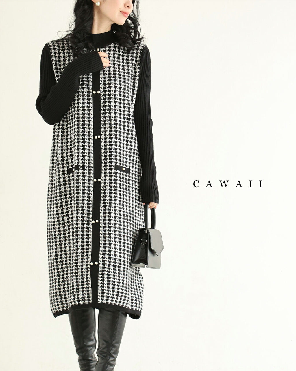 【オンライン限定】美品✨45R プルオーバーワンピース 千鳥格子柄 Fサイズ ライン上に艶めくパールの千鳥格子柄ニットミニワンピース – ONE PEACE