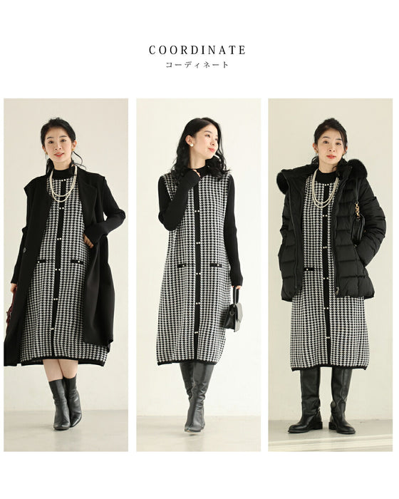 ライン上に艶めくパールの千鳥格子柄ニットミニワンピース