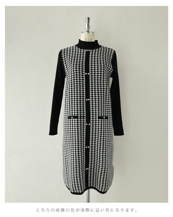 ライン上に艶めくパールの千鳥格子柄ニットミニワンピース