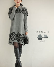  お花スタンプのスヌードとニットミニワンピース2点セット【set】