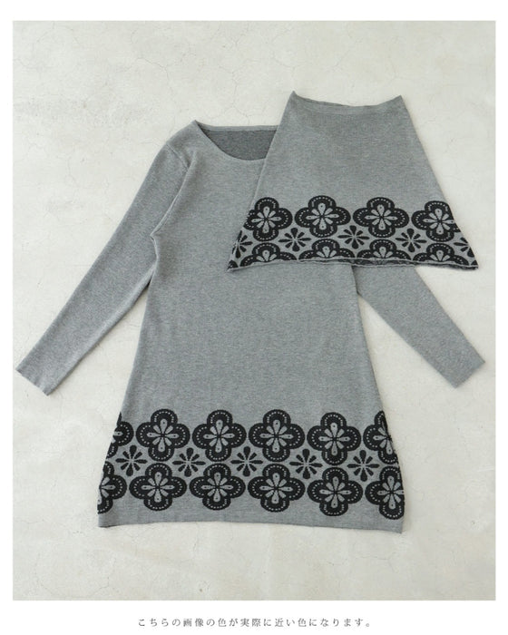 お花スタンプのスヌードとニットミニワンピース2点セット【set】