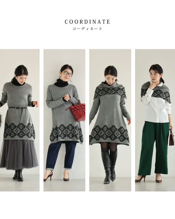 お花スタンプのスヌードとニットミニワンピース2点セット【set】