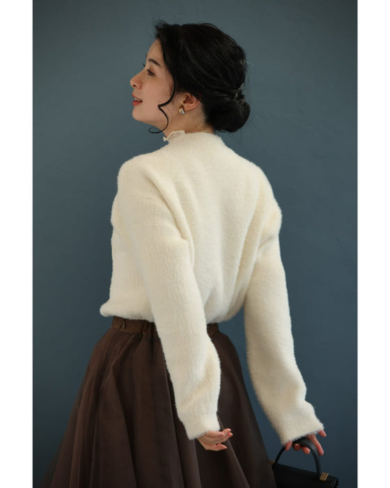 1輪の花モチーフ浮かぶ起毛もちもちニットカーディガン