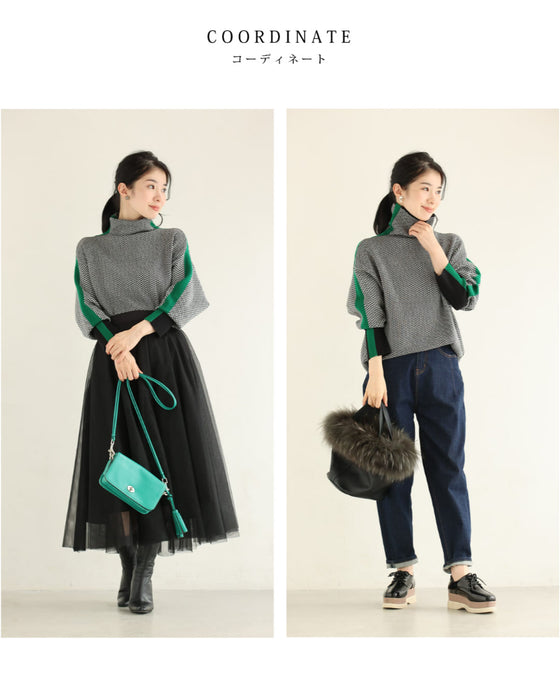 首元から流れる緑ラインのジグザグニットプルオーバートップス