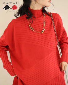  変形ラインのハイネックニットプルオーバートップス