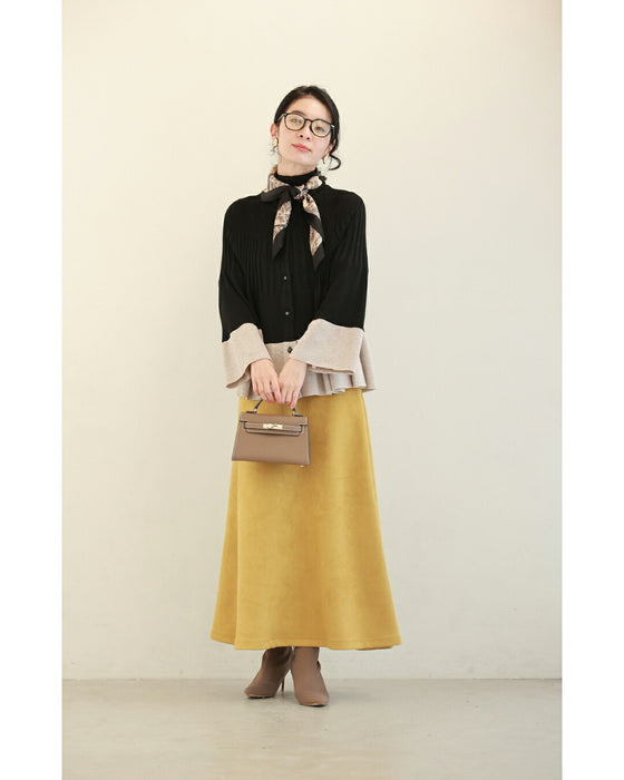 リブ切り替えのバイカラーフレアニットカーディガン