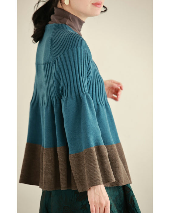 リブ切り替えのバイカラーフレアニットカーディガン