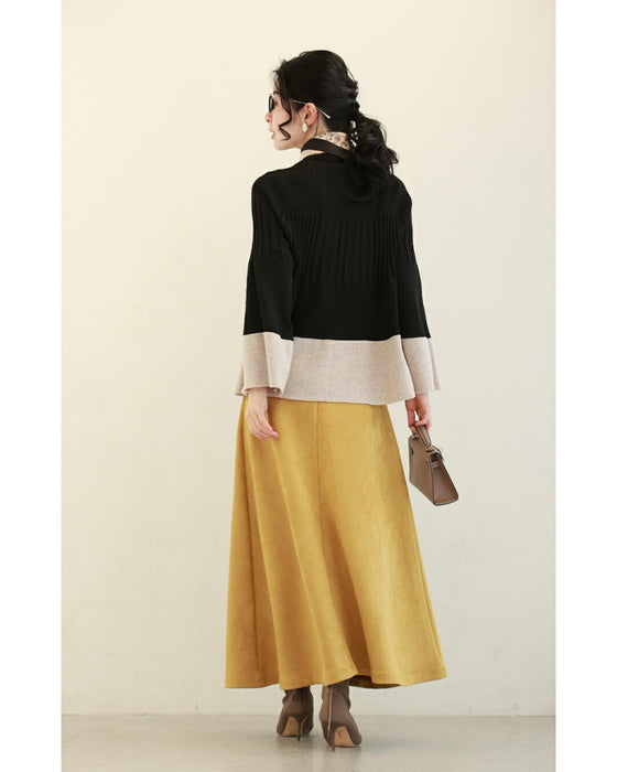 リブ切り替えのバイカラーフレアニットカーディガン