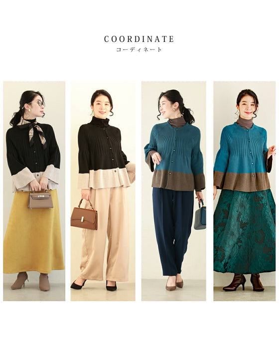 リブ切り替えのバイカラーフレアニットカーディガン