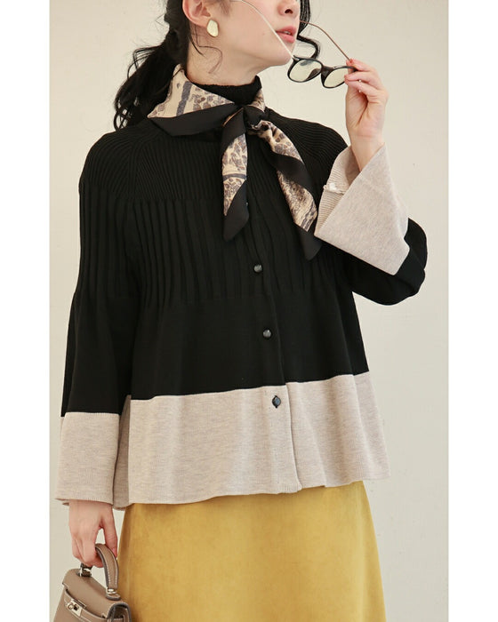 リブ切り替えのバイカラーフレアニットカーディガン