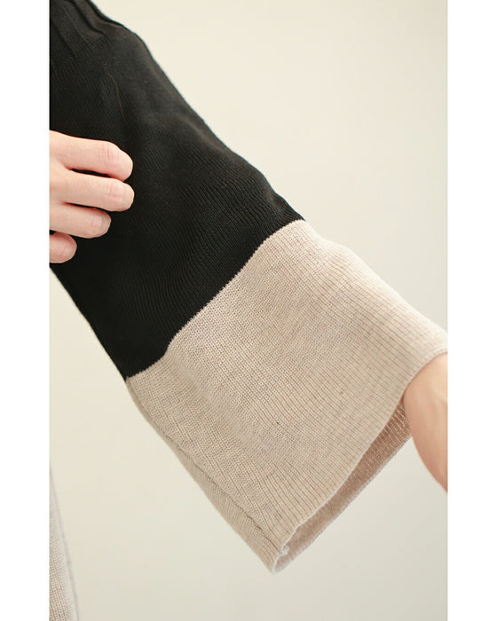 リブ切り替えのバイカラーフレアニットカーディガン