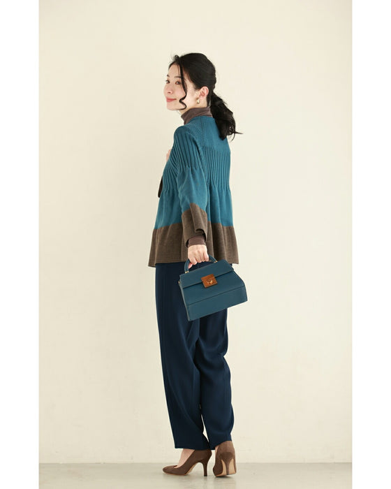 リブ切り替えのバイカラーフレアニットカーディガン