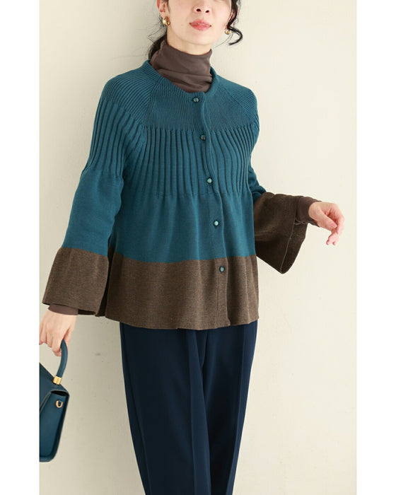 リブ切り替えのバイカラーフレアニットカーディガン