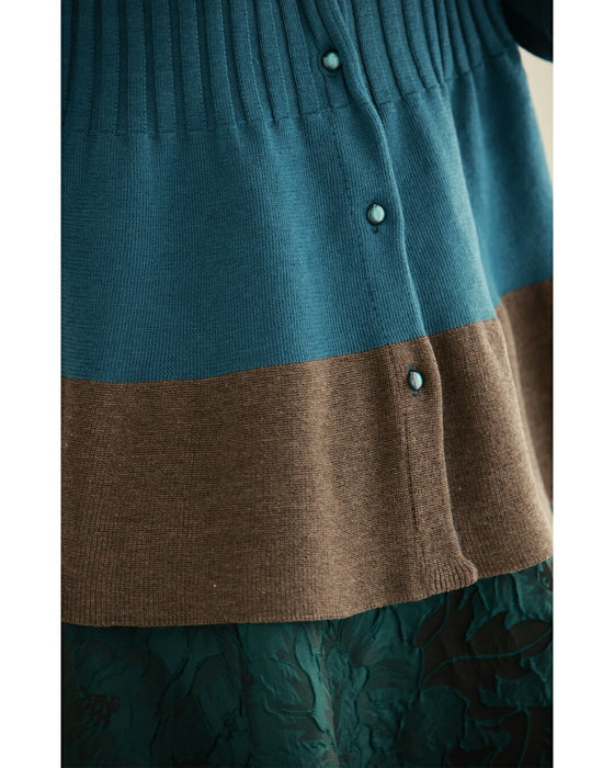 リブ切り替えのバイカラーフレアニットカーディガン