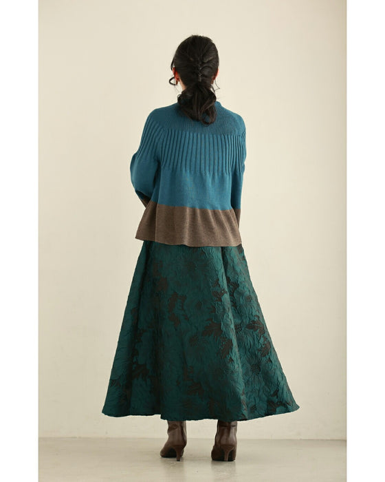 リブ切り替えのバイカラーフレアニットカーディガン