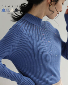  降り注ぐオーロラビジューの流線ラインリブカットソートップス