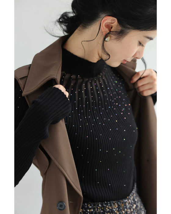 降り注ぐオーロラビジューの流線ラインリブカットソートップス