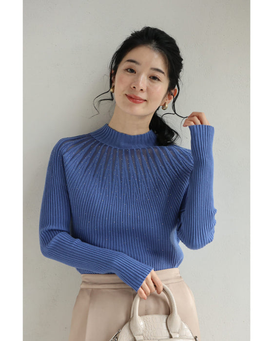 降り注ぐオーロラビジューの流線ラインリブカットソートップス