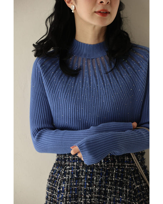 降り注ぐオーロラビジューの流線ラインリブカットソートップス