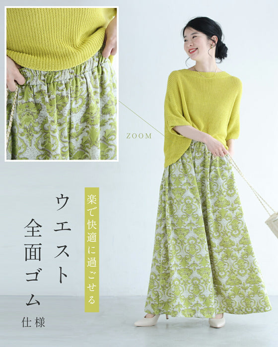 爽やかなグリーンのダマスク柄ワイドパンツ