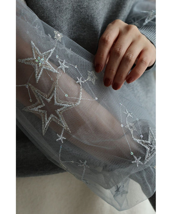 星座刺繍チュール袖ニットトップス