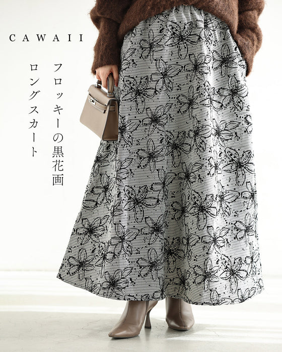 フロッキーの黒花画ロングスカート