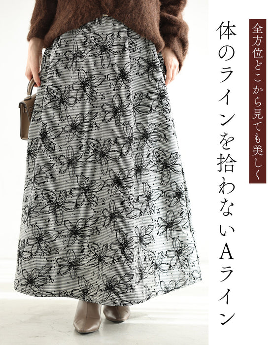フロッキーの黒花画ロングスカート