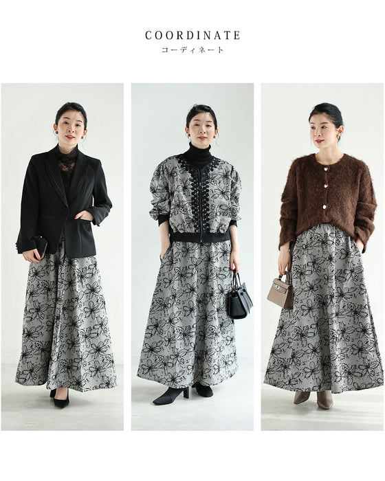 フロッキーの黒花画ロングスカート