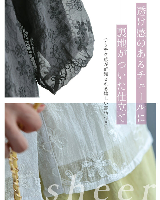 花刺繍とレースのポワン袖ブラウス