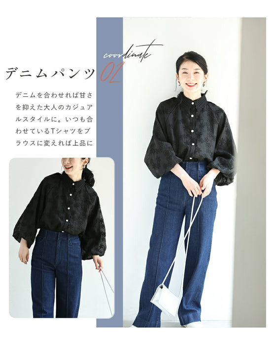 花刺繍とレースのポワン袖ブラウス