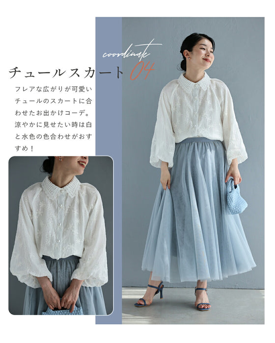 花刺繍とレースのポワン袖ブラウス