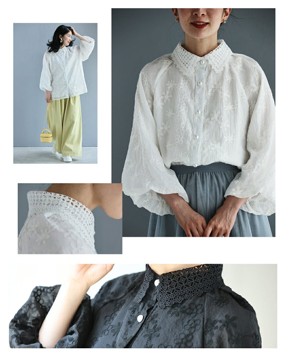 花刺繍とレースのポワン袖ブラウス