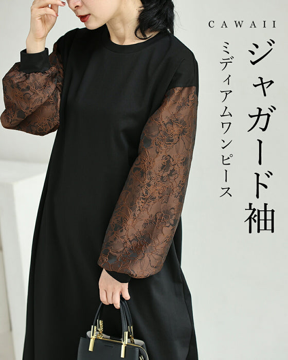 美しく着心地リラックス。ジャガード袖ミディアムワンピース