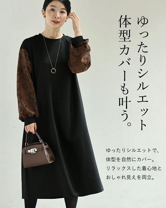 美しく着心地リラックス。ジャガード袖ミディアムワンピース