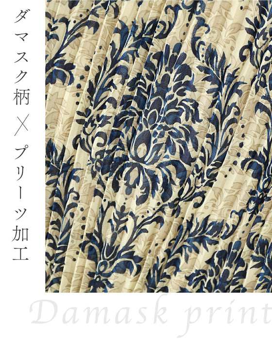 青のダマスク柄プリーツロングワンピース（紐ベルト付き）